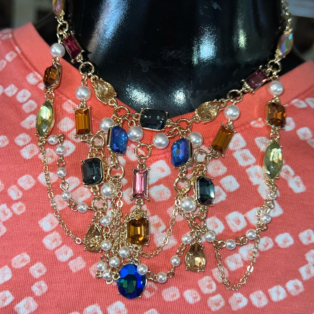 Gold Multi-Colored Glass JTV Necklace Cascading Layers